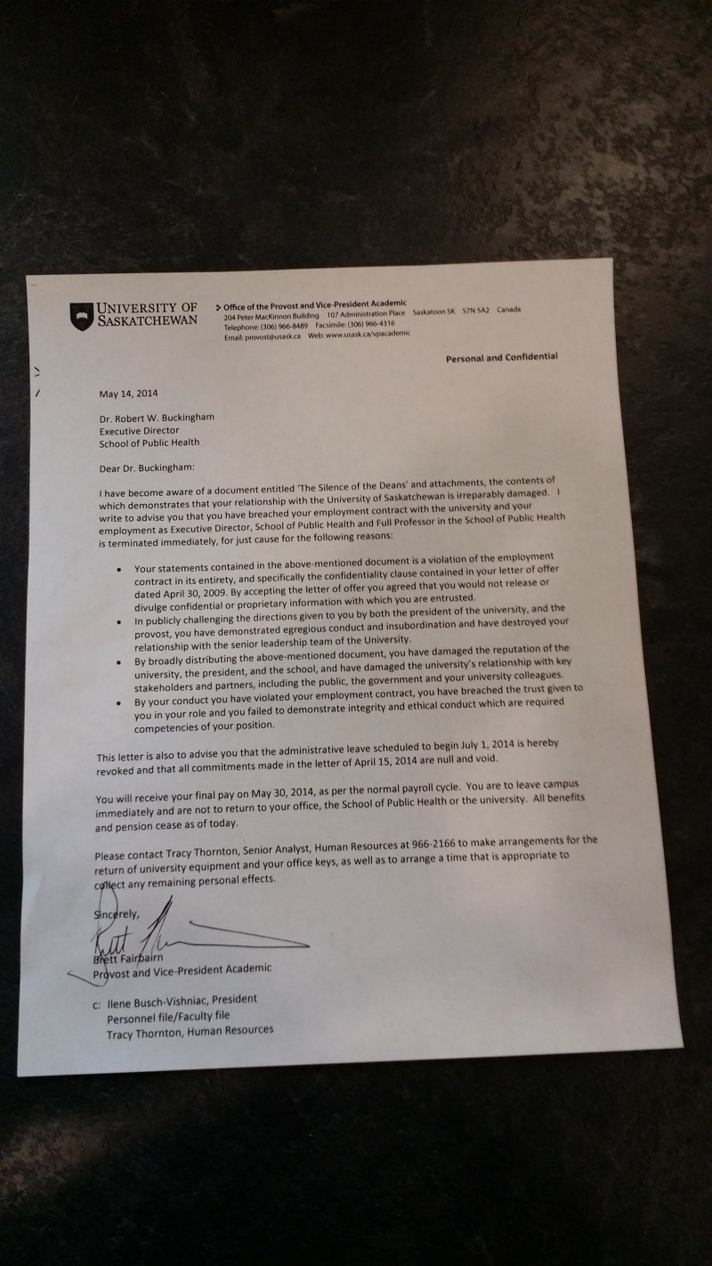 USask Provost Letter to Dr. Buckingham 14May14
